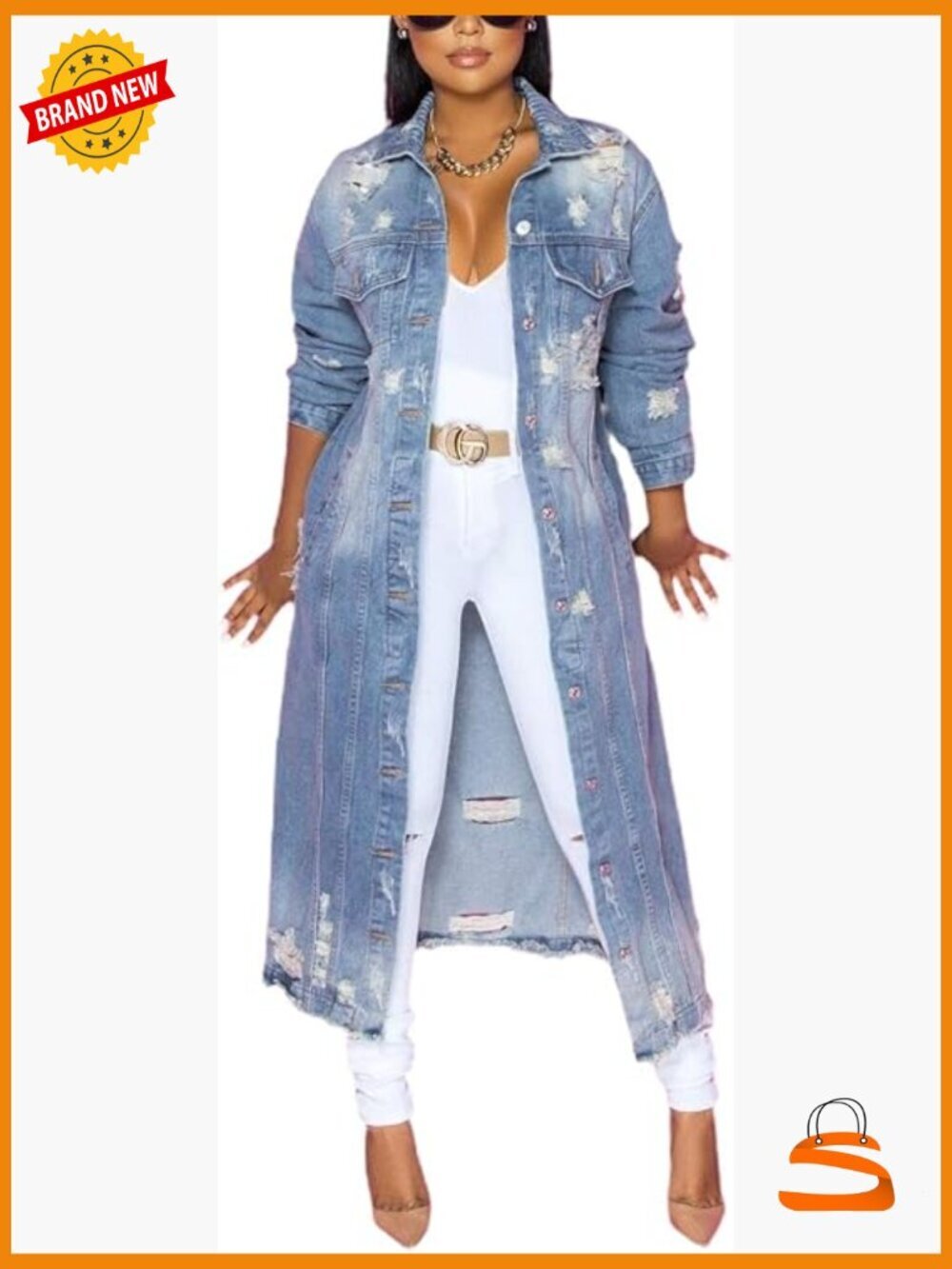 Ripped Holes Maxi Long Denim Jacket Trench Coat
